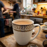 A close-up of a steaming mug of tea with a white and gold Greek Key pattern on a wooden table, part of a 6-piece Bone China mug set
