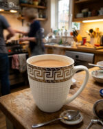 A close-up of a steaming mug of tea with a white and gold Greek Key pattern on a wooden table, part of a 6-piece Bone China mug set
