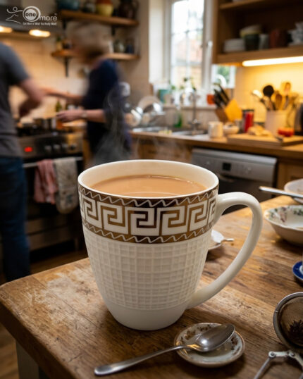 A close-up of a steaming mug of tea with a white and gold Greek Key pattern on a wooden table, part of a 6-piece Bone China mug set