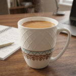 A set of white bone china mugs featuring a diamond-embossed top half and a decorative gold and teal traditional pattern at the bottom, filled with steaming tea on a wooden desk