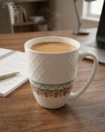 A set of white bone china mugs featuring a diamond-embossed top half and a decorative gold and teal traditional pattern at the bottom, filled with steaming tea on a wooden desk