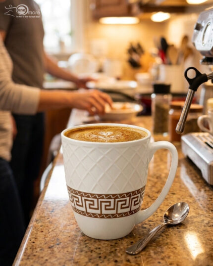 A close-up shot of a white bone china mug with an embossed diamond pattern and a brown Greek key design, filled with latte art, sitting on a granite kitchen countertop next to a silver spoon