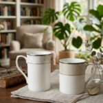 A professional lifestyle shot (3.jpg) showcasing two white Bone China mugs with silver rims and a green botanical leaf pattern, featuring one tall "long" mug and one "short" mug on a linen cloth in a cozy living room setting