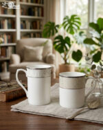 A professional lifestyle shot (3.jpg) showcasing two white Bone China mugs with silver rims and a green botanical leaf pattern, featuring one tall "long" mug and one "short" mug on a linen cloth in a cozy living room setting