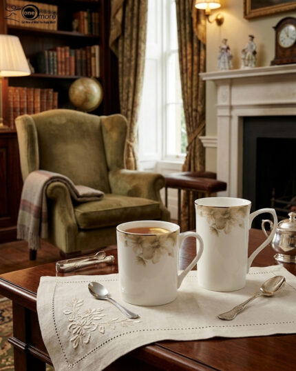 A professional product shot labeled 3.jpg showing two elegant bone china mugs with floral patterns and gold rims on a wooden table, set against a classic living room background with an armchair and fireplace