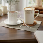 A set of elegant white bone china mugs featuring a subtle beige floral scroll pattern near the silver-trimmed rim, shown in both a standard short version in 4.jpg and a taller long version in 5.jpg