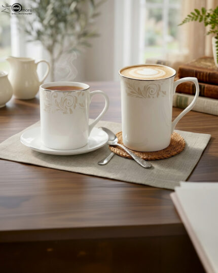 A set of elegant white bone china mugs featuring a subtle beige floral scroll pattern near the silver-trimmed rim, shown in both a standard short version in 4.jpg and a taller long version in 5.jpg