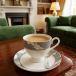 A high-angle shot of a premium super bone china cup and saucer filled with milk tea, featuring a grey floral pattern and silver spoon, set on a wooden table in a cozy living room with green sofas and a fireplace.