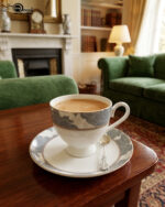 A high-angle shot of a premium super bone china cup and saucer filled with milk tea, featuring a grey floral pattern and silver spoon, set on a wooden table in a cozy living room with green sofas and a fireplace.