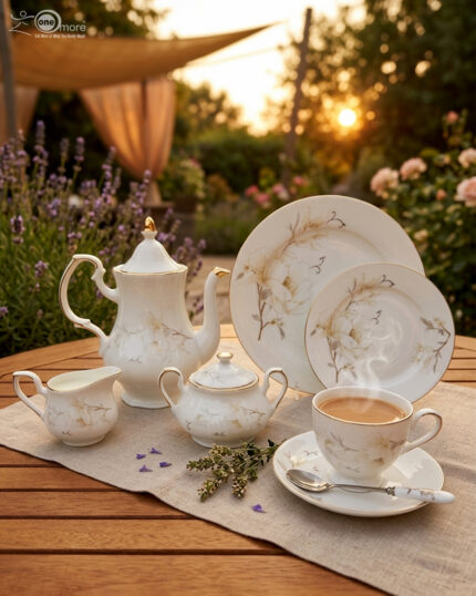 An elegant white super bone china dinner set featuring delicate beige floral patterns and gold rims, arranged on a textured beige surface. The set includes plates, bowls, a teapot, a covered casserole dish, a cream pitcher, a sugar bowl, and a teacup with a saucer.
