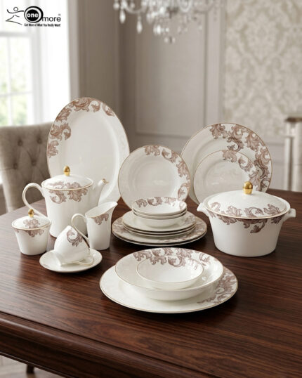 A luxury 61-piece Super Bone China dinner set by Onemore Crockery, elegantly arranged for an 8-person serving on a dark wooden dining table with a floral pattern and gold accents