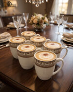A high-angle shot of a luxury white bone china mug filled with black coffee, featuring an ornate gold Greek key border, placed on a dark wooden table next to a silver spoon in a cozy living room setting