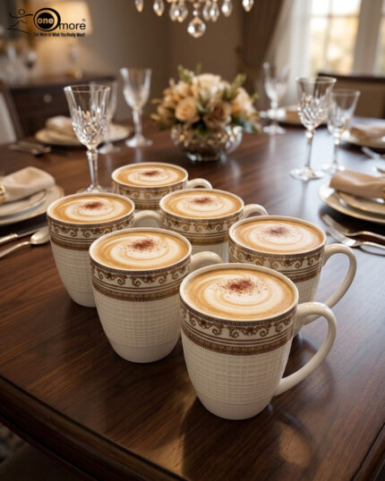 A high-angle shot of a luxury white bone china mug filled with black coffee, featuring an ornate gold Greek key border, placed on a dark wooden table next to a silver spoon in a cozy living room setting