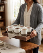A set of six premium white ceramic tea mugs with a textured lattice design and a brown patterned base, filled with steaming tea and placed on a wooden outdoor table next to a silver spoon