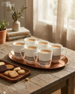 A close-up shot of a white bone china mug with an embossed diamond pattern and a brown Greek key design, filled with latte art, sitting on a granite kitchen countertop next to a silver spoon
