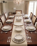 A complete white Super Bone dinner set featuring grey floral patterns and gold accents, including plates, bowls, a teapot, and serving dishes, displayed on a wooden surface in 3.jpg.