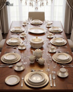 A luxury Super Bone China dinnerware set featuring a white porcelain base with intricate gold vertical ribbing and circular patterns, displayed on a marble countertop in 3.jpg