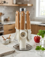 A 7-piece kitchen gadget set featuring cream-colored heads and ergonomic wooden handles, displayed both individually and hanging on a matching rotating stand on a marble countertop.