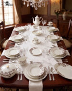 An elegant white super bone china dinner set featuring a classic brown and gold baroque acanthus leaf pattern, including plates, bowls, a teapot, a tureen, and teacups arranged on a light-colored surface