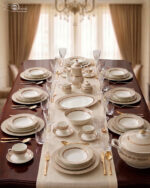 An elegant super bone china dinnerware set featuring a fine beige and gold-lined sunburst pattern, arranged neatly on a wooden table. The collection includes dinner plates, an oval platter, a tureen with a lid, soup bowls, a teapot, a creamer, a sugar bowl, and a teacup with a saucer