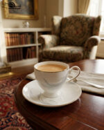 A luxury white super bone china teacup filled with creamy tea, featuring gold-rimmed edges and a delicate grey leaf pattern, resting on a matching saucer on a dark wooden table in a cozy, blurred library background