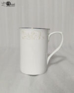 A set of elegant white bone china mugs featuring a subtle beige floral scroll pattern near the silver-trimmed rim, shown in both a standard short version in 4.jpg and a taller long version in 5.jpg