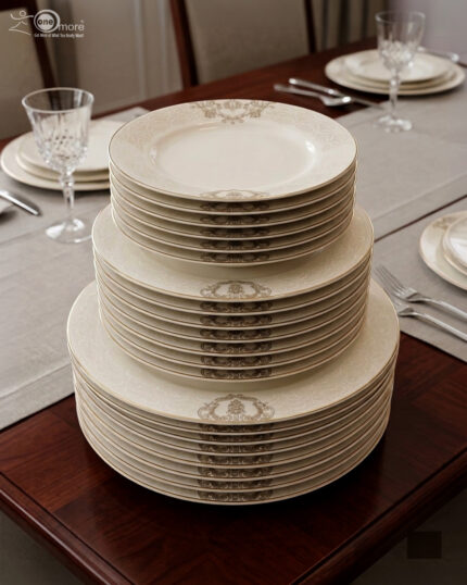 A stacked 18-piece premium super bone china dinner plate set showing 6 quarter plates, 6 deep soup plates, and 6 large rice plates with elegant golden-beige damask borders on a luxury wooden dining table setup
