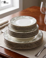 Stacked 18-piece super bone china plate set with elegant green floral patterns and gold rims on a wooden dining table setting.