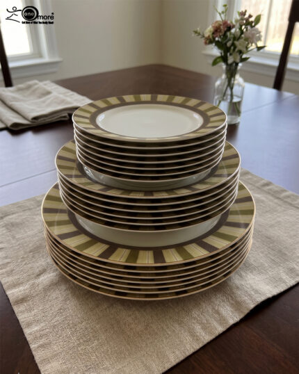 A stacked 18-piece super bone china plate set neatly arranged on a beige linen placemat over a wooden dining table. The ceramic dinnerware set features 6 quarter plates stacked on top, 6 deep soup plates in the middle, and 6 large rice plates at the bottom. Each plate showcases an elegant radiating striped pattern rim in olive green, cream, and taupe tones with fine gold rim detailing. A blur background shows a window and a small flower vase