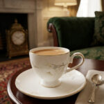 A high-angle shot of a white fine bone china tea cup filled with milk tea, featuring a delicate white floral pattern and gold-trimmed edges, resting on a matching saucer on a wooden side table in a cozy, classic living room setting