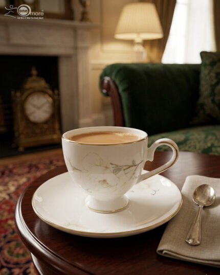 A high-angle shot of a white fine bone china tea cup filled with milk tea, featuring a delicate white floral pattern and gold-trimmed edges, resting on a matching saucer on a wooden side table in a cozy, classic living room setting