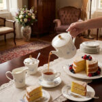 A hand pouring hot tea from a matching floral teapot into a white Super Bone China cup and saucer featuring blue flower patterns and gold trim, set on a lace runner alongside a berry-topped sponge cake