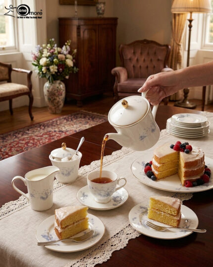 A hand pouring hot tea from a matching floral teapot into a white Super Bone China cup and saucer featuring blue flower patterns and gold trim, set on a lace runner alongside a berry-topped sponge cake