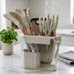 A comprehensive 16-piece kitchen tool set featuring cream-colored silicone utensils with marble-patterned handles, rose gold accents, a matching knife set, kitchen shears, a peeler, and a cutting board, all stored in a clear geometric organizer.