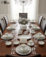 A complete Super Bone China dinner set from 6.jpg, featuring a white base with intricate grey floral borders. The set includes plates, bowls, a teapot, a tureen, and teacups displayed on a wooden surface