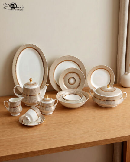 A luxury super bone china dinner set featuring a white base with gold-toned textured borders and metallic accents, displayed on a wooden table in 7.jpg.