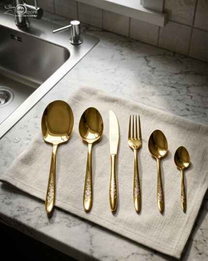 A 36-piece luxury gold cutlery set arranged on a linen cloth next to a kitchen sink, featuring intricate floral engravings on the handles, including assorted dinner spoons, tea spoons, forks, knives, and serving utensils.