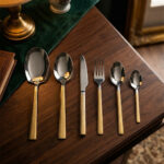 High-end 36-piece stainless steel cutlery set featuring polished silver heads and gold handles with a geometric Greek key pattern, arranged elegantly on a dark wooden table.