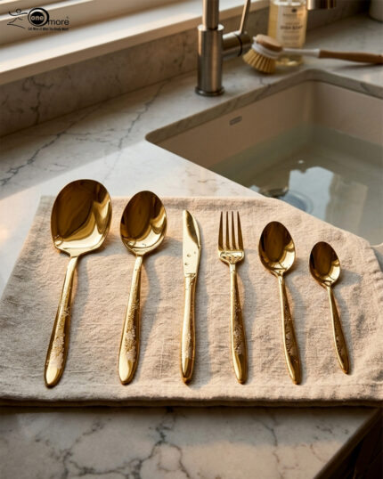36-piece gold-finished cutlery set featuring delicate floral engraving on handles, arranged on a linen napkin, including table spoons, tea spoons, forks, knives, and serving utensils.