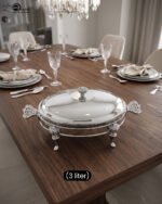 Premium 3-liter stainless steel chafing dish food warmer with decorative ornate stand on a luxury wooden dining table setup by One More.
