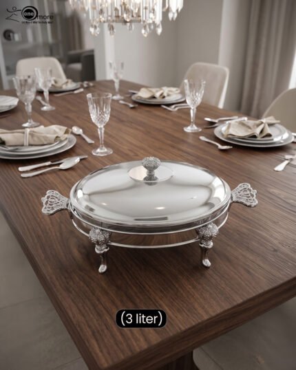 Premium 3-liter stainless steel chafing dish food warmer with decorative ornate stand on a luxury wooden dining table setup by One More.