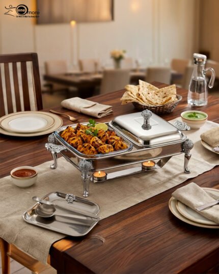 Double slot premium stainless steel chafing dish 1.5x2 liter buffet server on a wooden dining table.