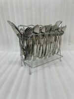 A complete 53-piece stainless steel cutlery set featuring various spoons, forks, and knives displayed on a wooden surface in 6.jpg, showcasing the polished finish and modern design.