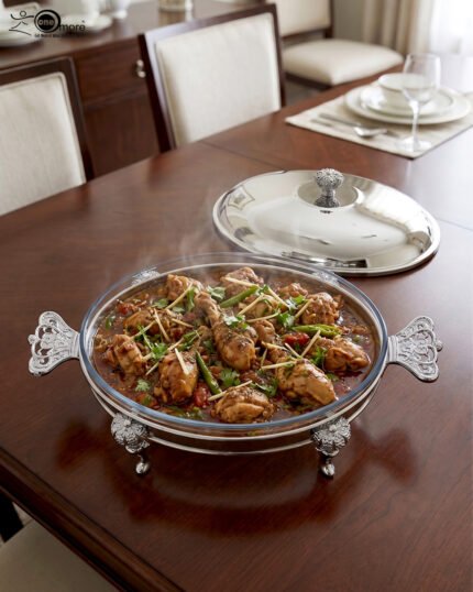 Premium 3-liter stainless steel chafing dish food warmer with decorative ornate stand on a luxury wooden dining table setup by One More.