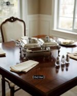 Double slot premium stainless steel chafing dish 1.5x2 liter buffet server on a wooden dining table.