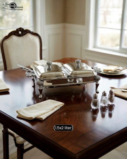 Double slot premium stainless steel chafing dish 1.5x2 liter buffet server on a wooden dining table.