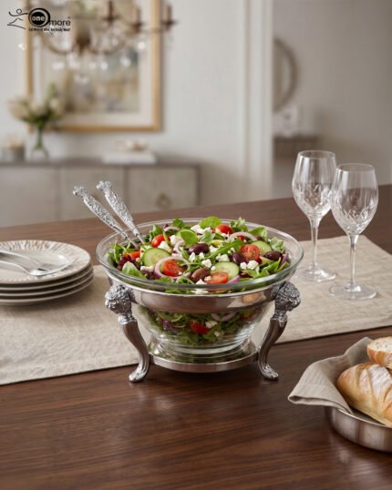 One More premium glass serving bowl set with an ornate silver-plated stand and two matching serving spoons placed on a dining table.