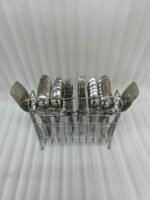 Elevate your dining table with this complete 53-piece cutlery set, expertly crafted to combine durability with timeless elegance. Made from high-quality stainless steel, this set is designed to resist tarnish and rust, ensuring your utensils maintain their shine for years to come. Whether you are hosting a formal dinner or upgrading your daily dining experience, this versatile set provides everything you need for service, organization, and style. Key Features Comprehensive 53-Piece Set: Includes everything required for a full table setting, neatly organized with an included stand for convenient storage and display. Premium Quality Material: Crafted from durable, corrosion-resistant stainless steel. Proudly Made in Pakistan: Supports local craftsmanship with high-grade manufacturing standards. Versatile Collection: Designed to handle every course, from soups and rice to main entrees. Set Breakdown: 12 x Table Spoons 12 x Tea Spoons 12 x Forks 12 x Knives 2 x Rice Serving Spoons 2 x Soup Serving Spoons 1 x Cutlery Stand
