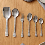 The image 6.jpg displays a selection of items from a 37-piece stainless steel cutlery set, neatly arranged on a wooden background, showcasing the sleek design and finish of the spoons, forks, and serving utensils.