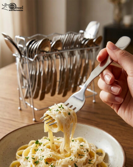 A complete 53-piece stainless steel cutlery set featuring various spoons, forks, and knives displayed on a wooden surface in 6.jpg, showcasing the polished finish and modern design.